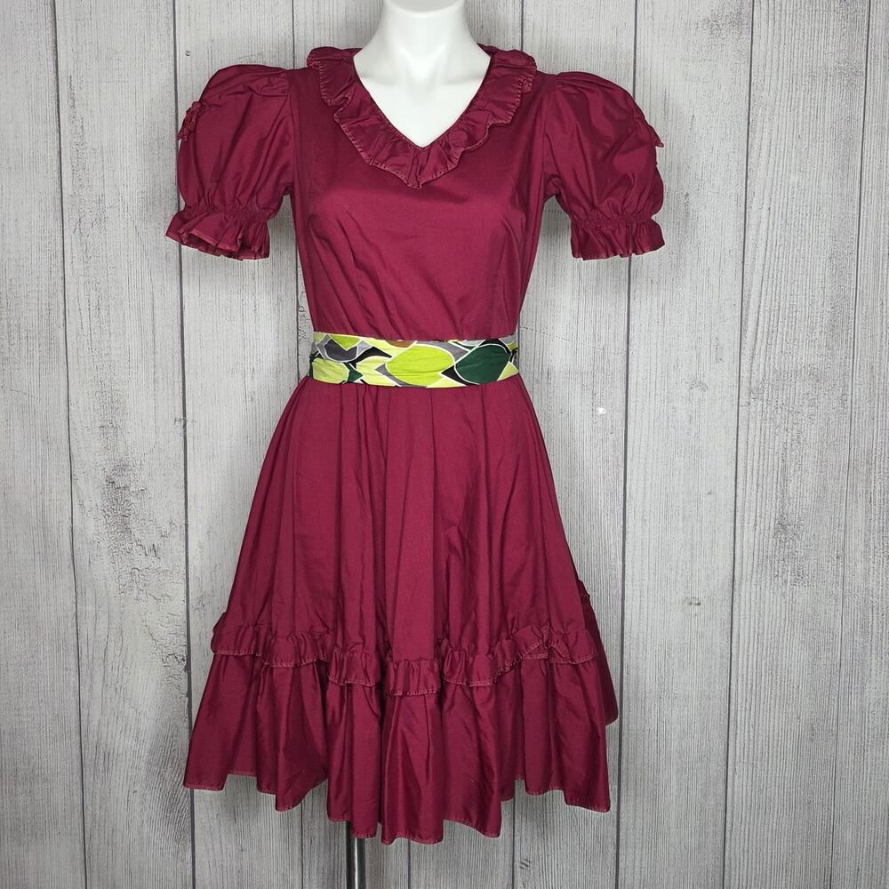 Vintage Malco Modes Raspberry Square Dance Prairie Dress Puff Sleeve Size 10